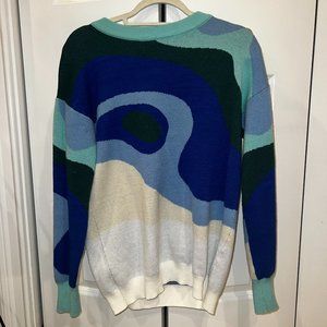 Unisex M Relaxed Fit Blue Green White Abstract Color Block Sweater